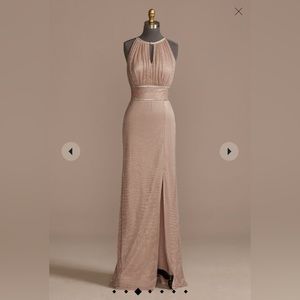 OLEG CASSINI from David's Bridal, high-neck glitter a-line gown with keyholes